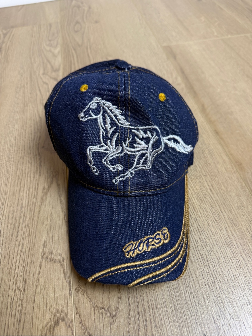 Western style Navy Denim Cap with White Horse Embroidery